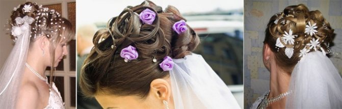 Прическа с фатой, дополненная цветами